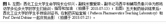 图1. 左图:西北工业老员工命学经理仓怀兴、副经理骞爱荣、副书记马西平和辅导员秦兴华为即将访学多伦多大学的员工们培训、指导和加油 (拍摄于2018-07-13);右图:五天制药培训结束后,永利集团的员工手持培训证书, 在制药实验室前(Patheon Pharmaceutics Teaching Laboratory)和Prof. David Dubins一起庆祝合影 (拍摄于2018-07-25)。